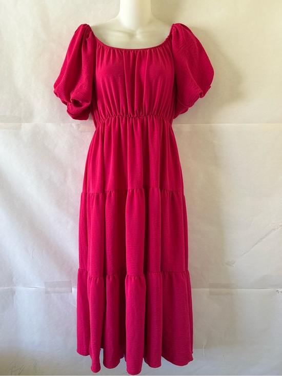 See You Monday Dresses & Skirts - See You Monday Hot Pink Tiered Midi Dress Size L Puff Sleeve Romantic Cottage